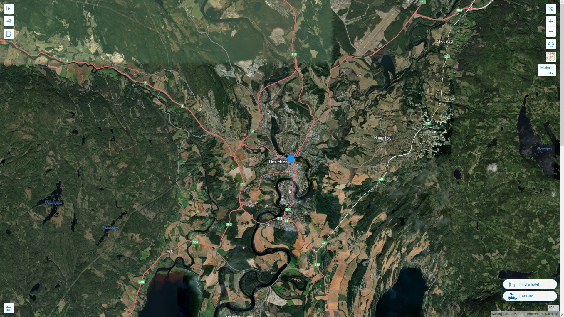 Honefoss Norvege Autoroute et carte routiere avec vue satellite